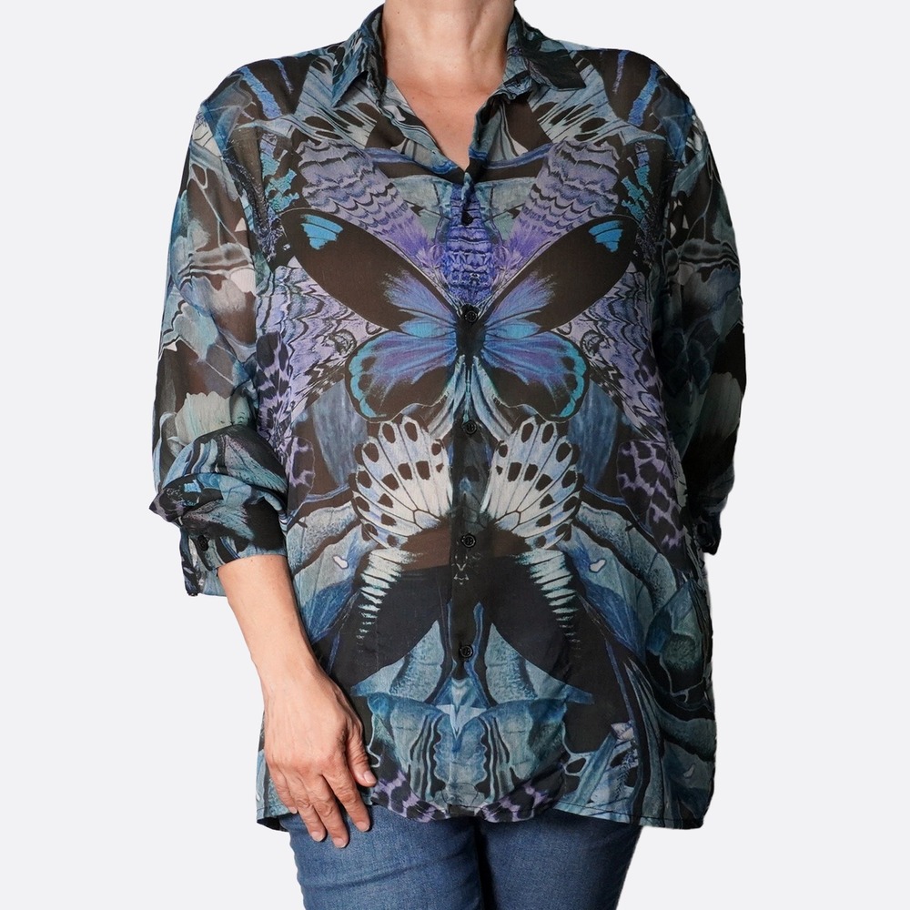 ASOS Chiffon Butterfly Print Blouse XL 1X 14 16 Sheer Blue Button Up